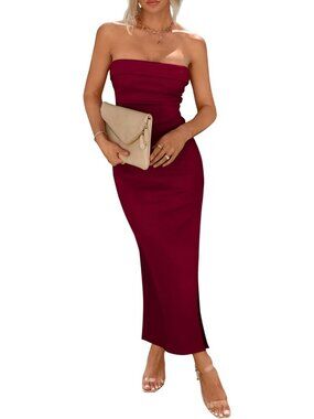 Women's Wine Red Summer Bodycon Maxi Tube Dress Ribbed Strapless Side Slit Long